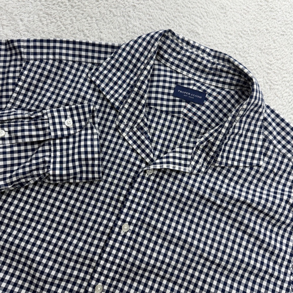 Proper Cloth Mens Navy White Gingham Check Cotton Button Down Shirt 17.5-34